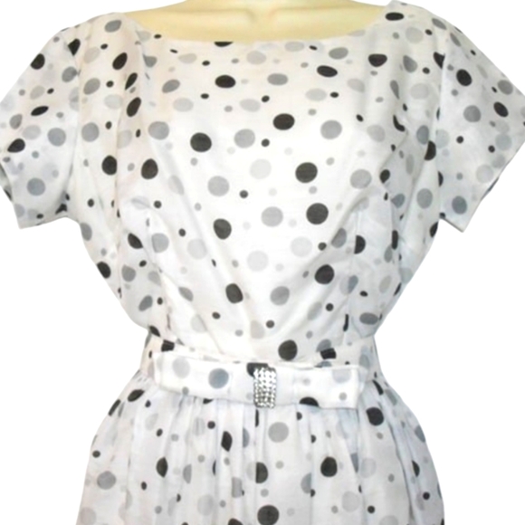 Vintage 1950s White & Black Polka Dots Print Dress with Belt - Picture 4 of 9